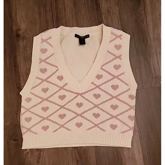 Say What? Womens Sweater Vest XL Beige Pink Hearts Academic Preppy - Picture 6 of 7